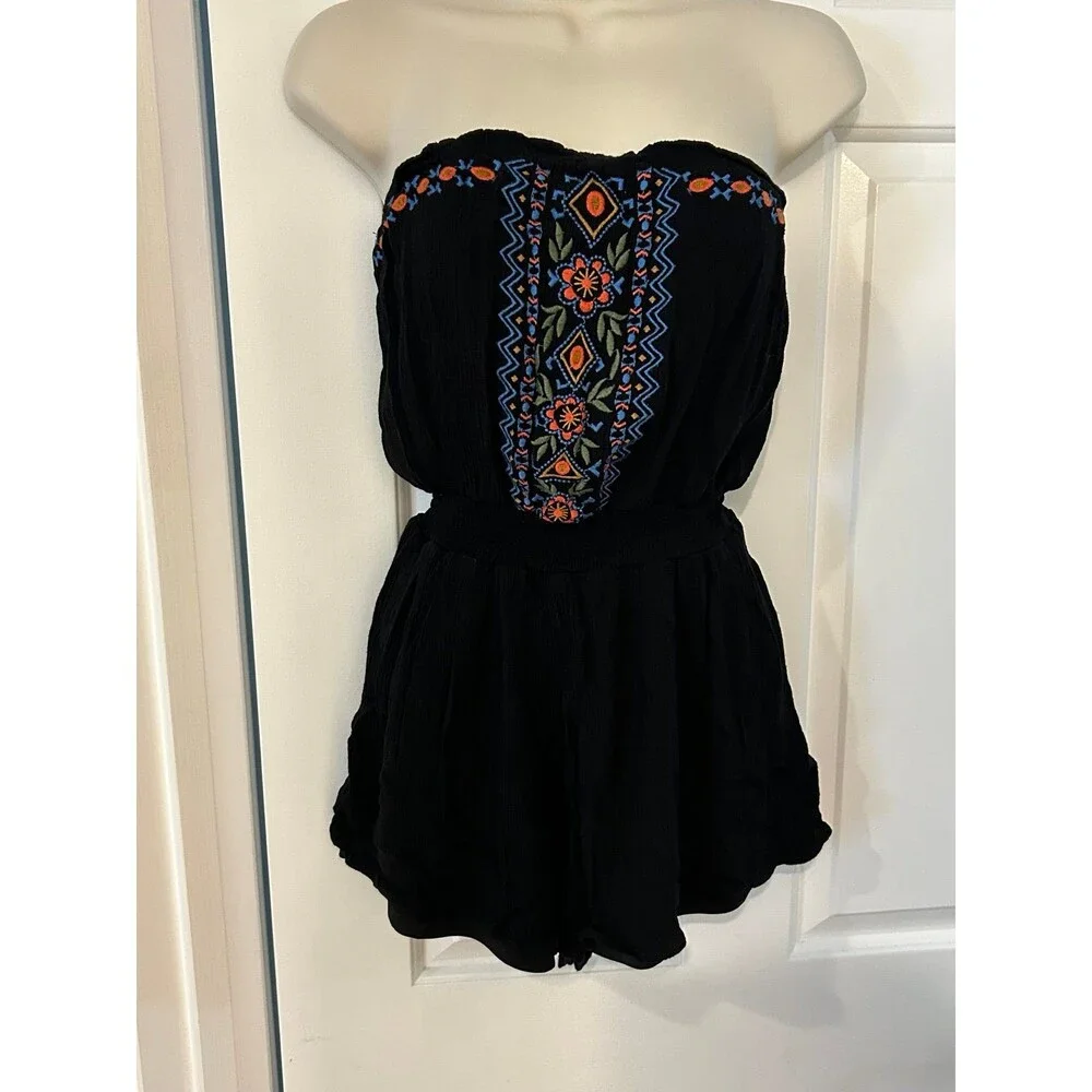 Black Strapless Embroidered Romper - S - Picture 1 of 4